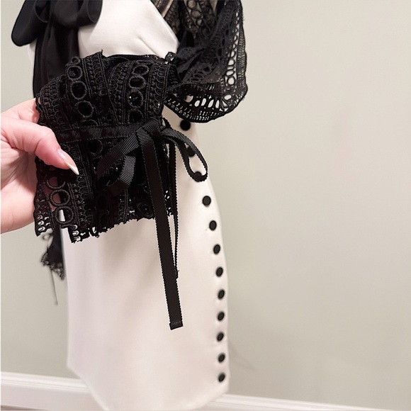SELF-PORTRAIT Black & White Monochrome Crepe Bow Longsleeve Mini Dress Size 4 - Picture 6 of 16